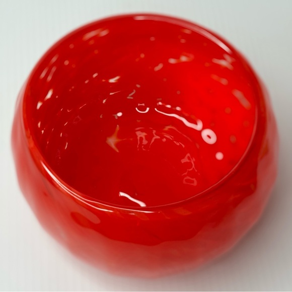 Decorative Hand Blown Studio Glass Art Bowl, Red Orange Swirl Etched Signature - Picture 5 of 11
